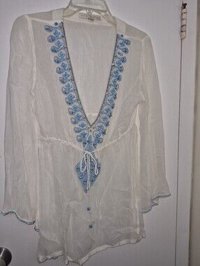 Boston Proper Ivory Sheer Tunic with Light Blue Embroidery
